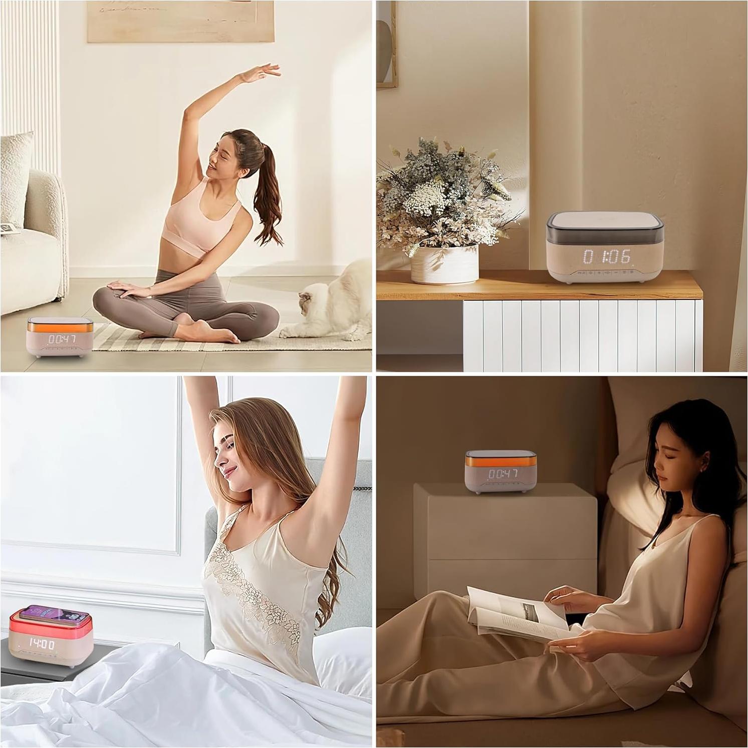 Bluetooth Speaker Alarm Clock with Night Light,6 in 1 Wireless Charging Station for iPhone 15/Samsung Series,Clock for Bedroom Adjustable 3 Levels Digital Brightness Touch Snooze Sleep Timer 12/24H