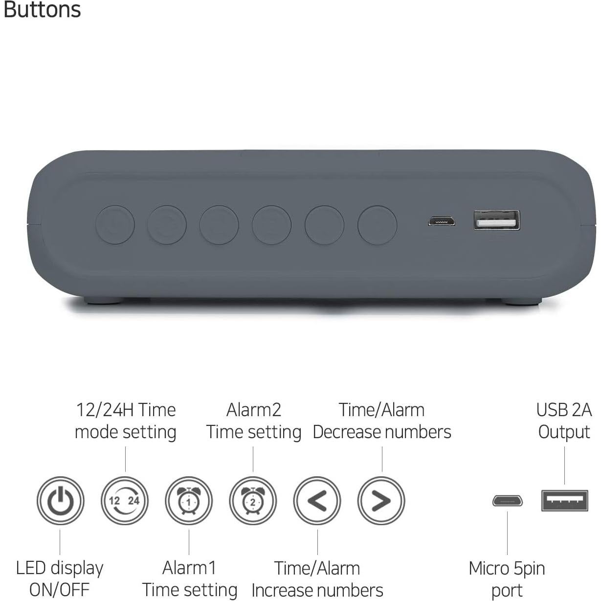 Cargador Inalámbrico Reloj Despertador mooas Gris Carbón