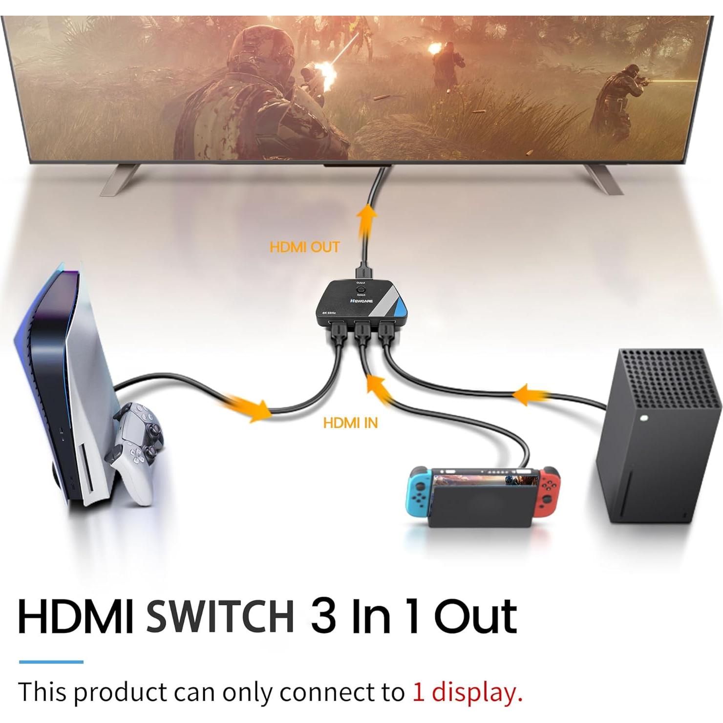 Interruptor HDMI 3 en 1 NEWCARE 4K@60Hz con Cable 0.79m