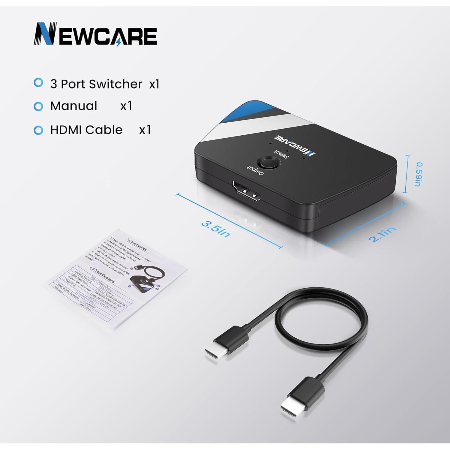 Interruptor HDMI 3 en 1 NEWCARE 4K@60Hz con Cable 0.79m