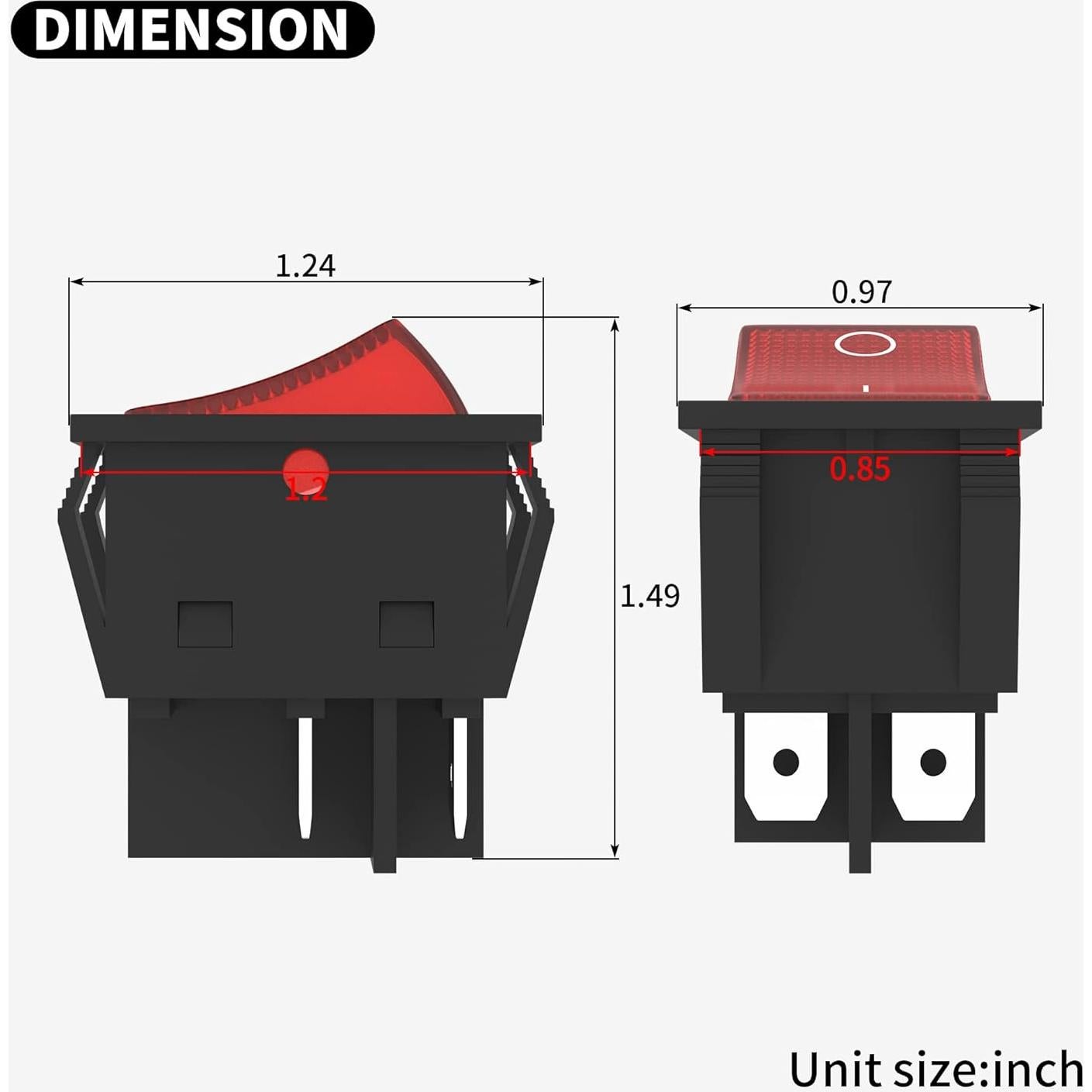 Interruptor Rocker DaierTek 12V 30A DPST con Luz LED Roja - 5 Pcs