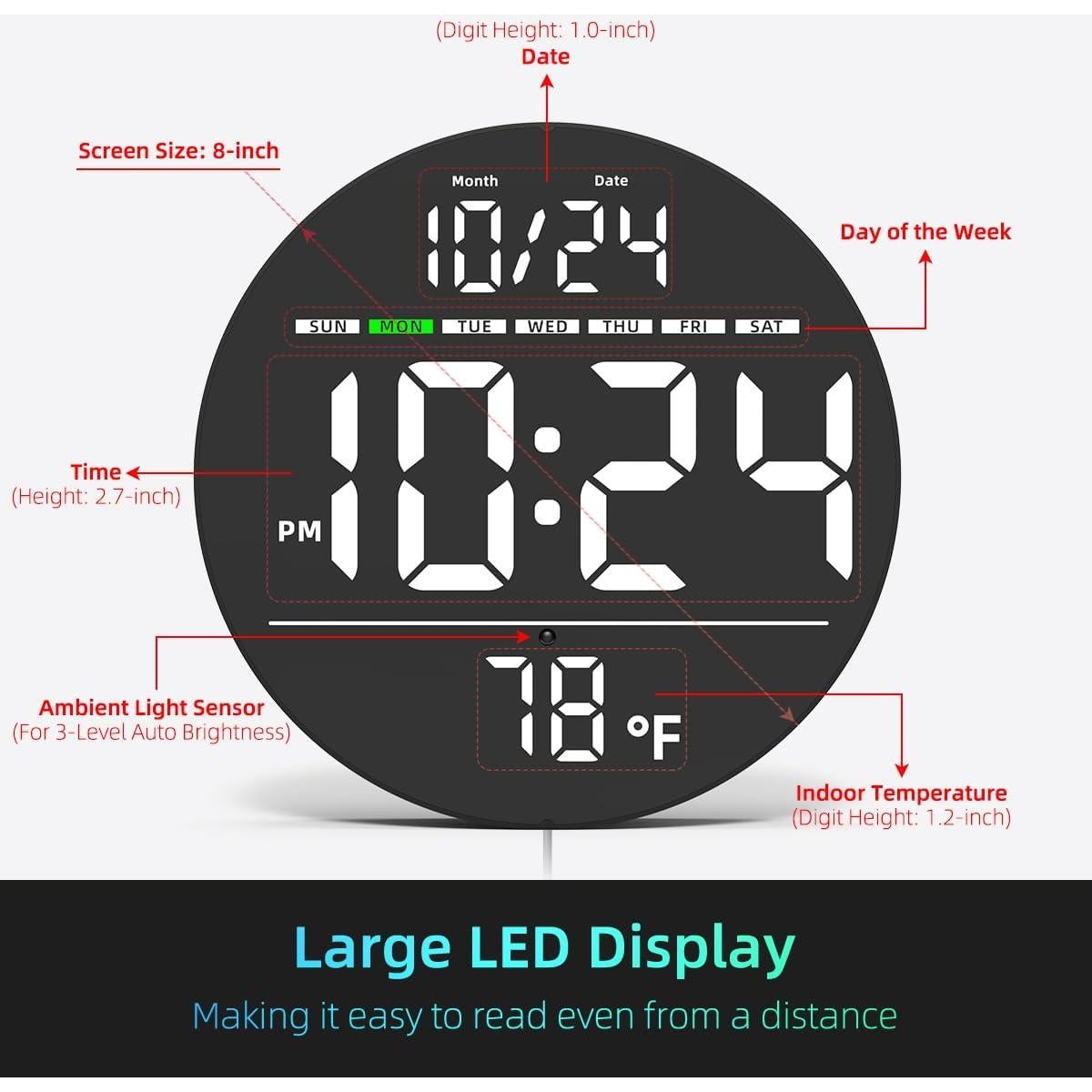 Reloj de Pared Digital XUANZIT 8" LED Auto-Brillo Temperatura