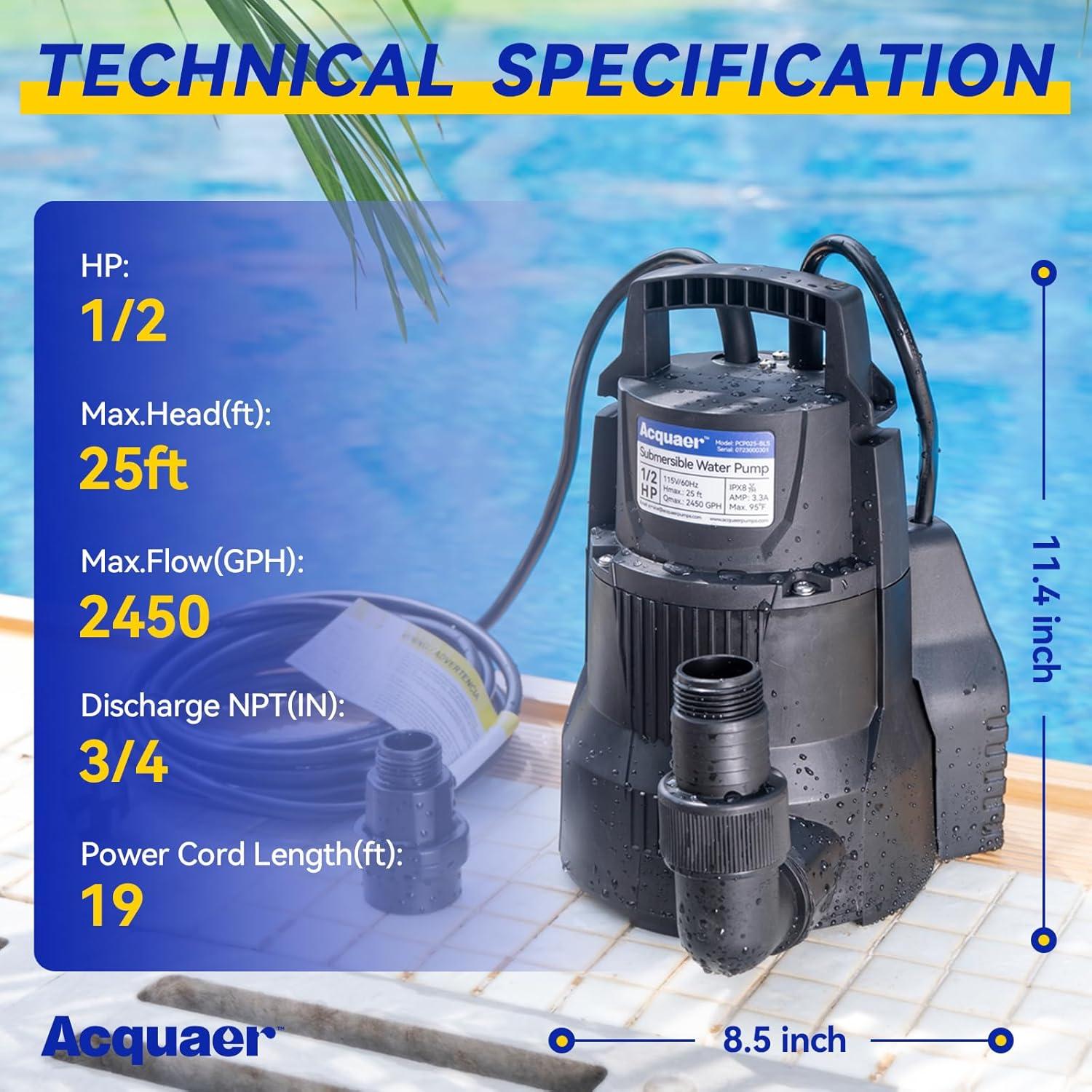 Bomba de Sump Acquaer 1/2 HP Automática 2450 GPH Drenaje