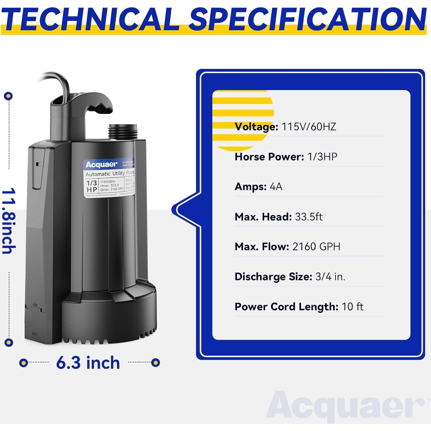 Bomba de Agua Sumergible Acquaer 1/3 HP 8175 L/h Automática