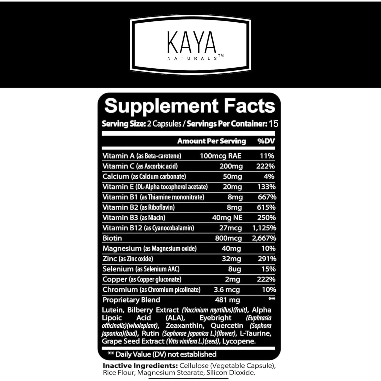 Suplemento Ocular Kaya Naturals 800 mg Luteína y Zeaxantina 30 Cápsulas