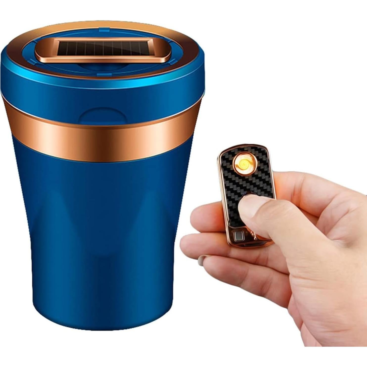 Cenicero de coche Zacxoxsr cerámica azul con encendedor solar