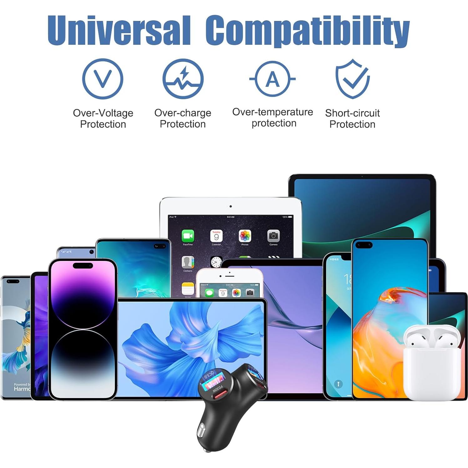 Cargador de Coche USB C 4 Puertos 30W PD y 18W QC Rápido