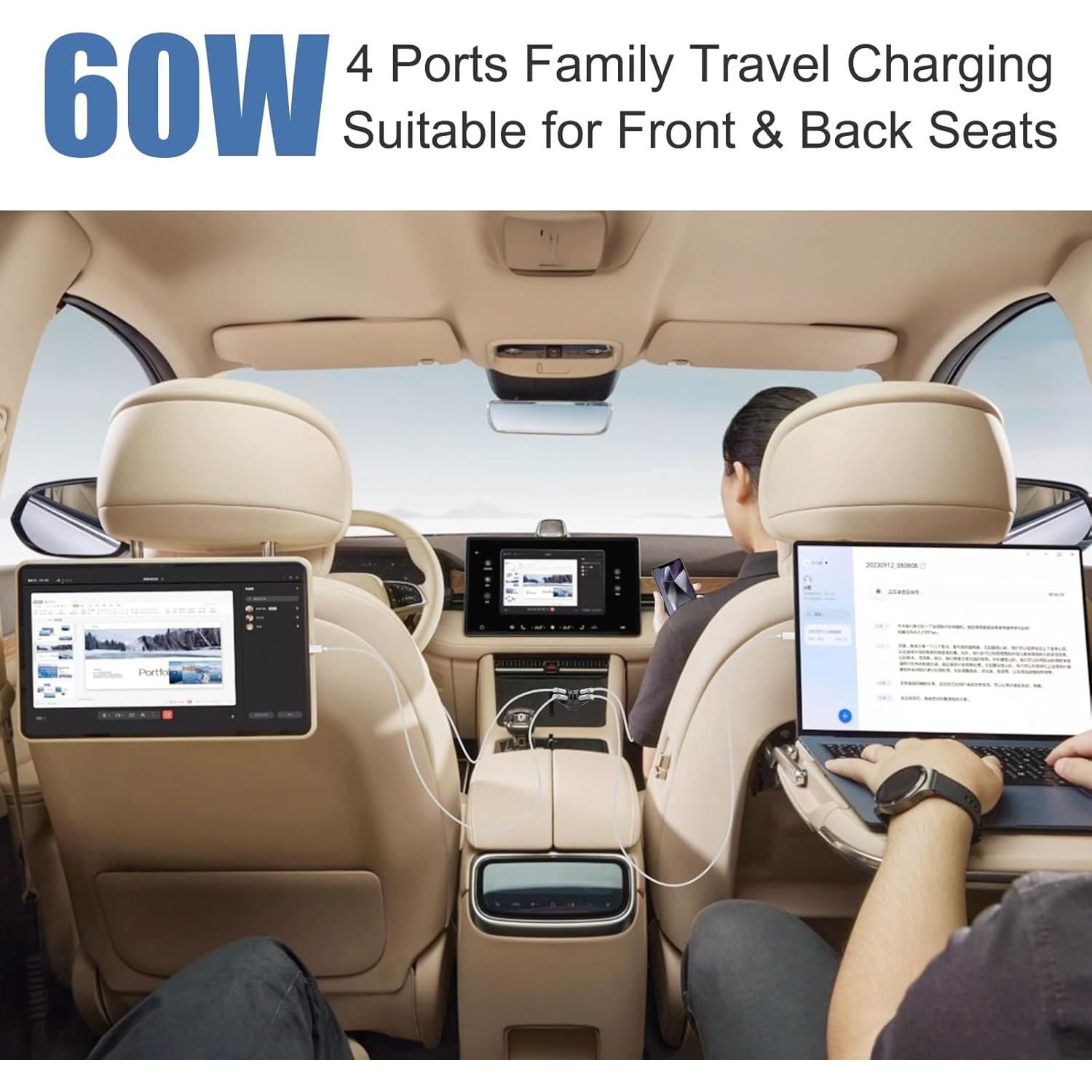 Cargador de Coche USB C 4 Puertos 30W PD y 18W QC Rápido