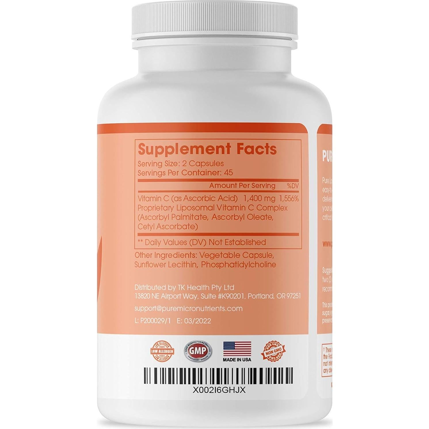 Vitaminas Liposomales Puras de Vitamina C - 90 Cápsulas - Alta Absorción