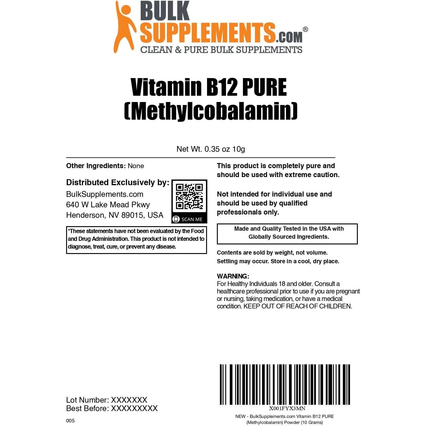 Polvo de Vitamina B12 Metilcobalamina Pura BulkSupplements 10g
