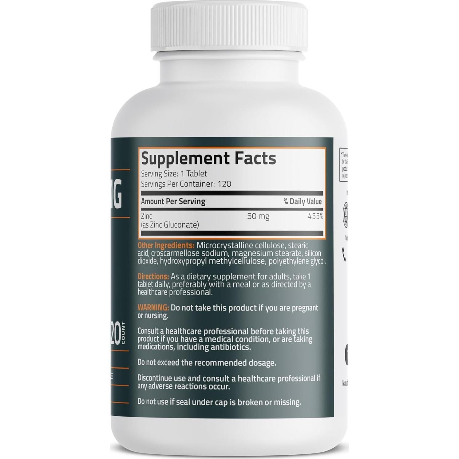 Suplemento de Zinc Bronson 50 MG 120 Tabletas Vegetarianas