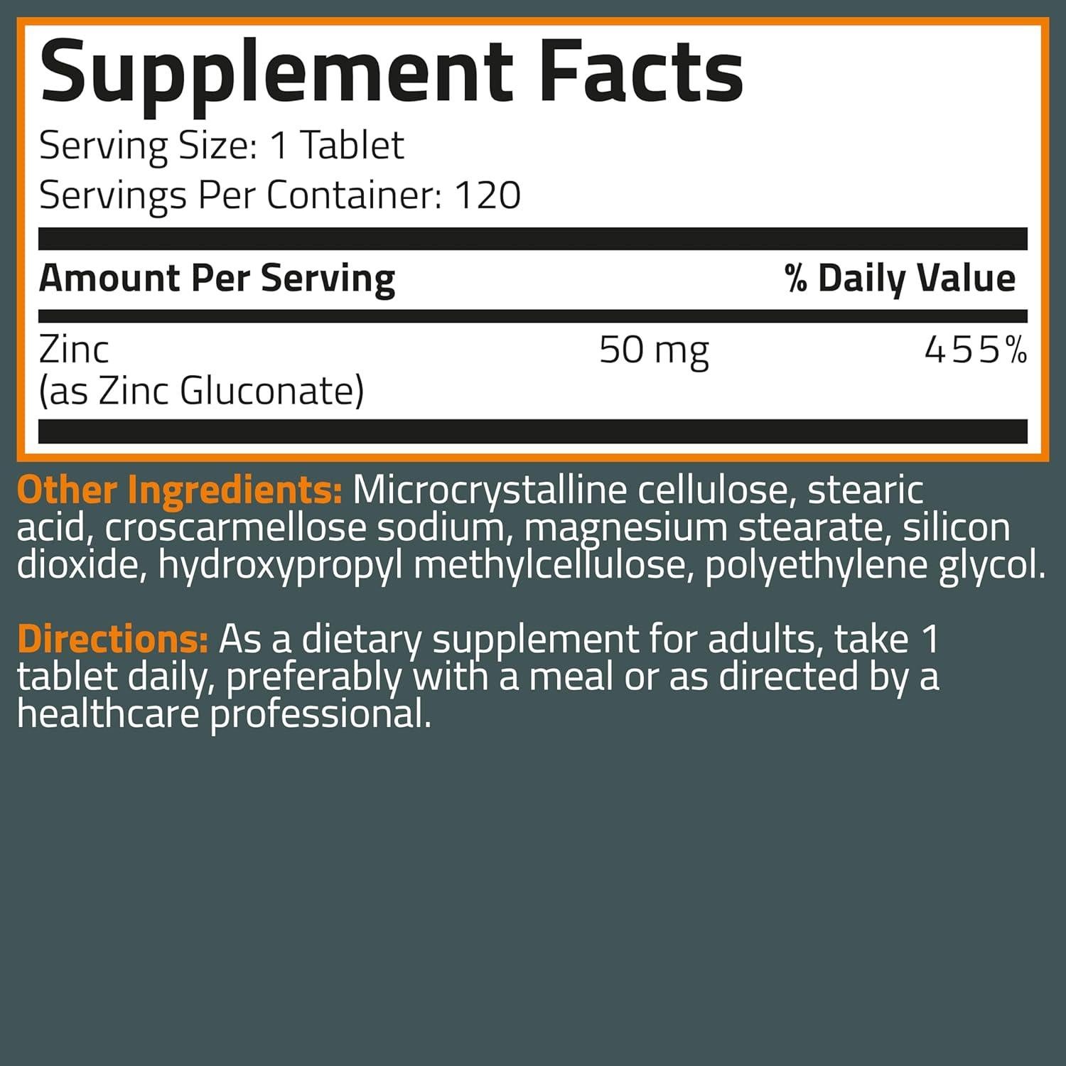 Suplemento de Zinc Bronson 50 MG 120 Tabletas Vegetarianas