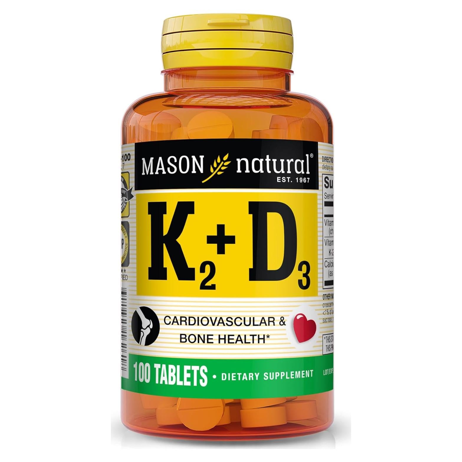 Vitamina K2 + D3 Mason Natural 100 Tabletas con Calcio