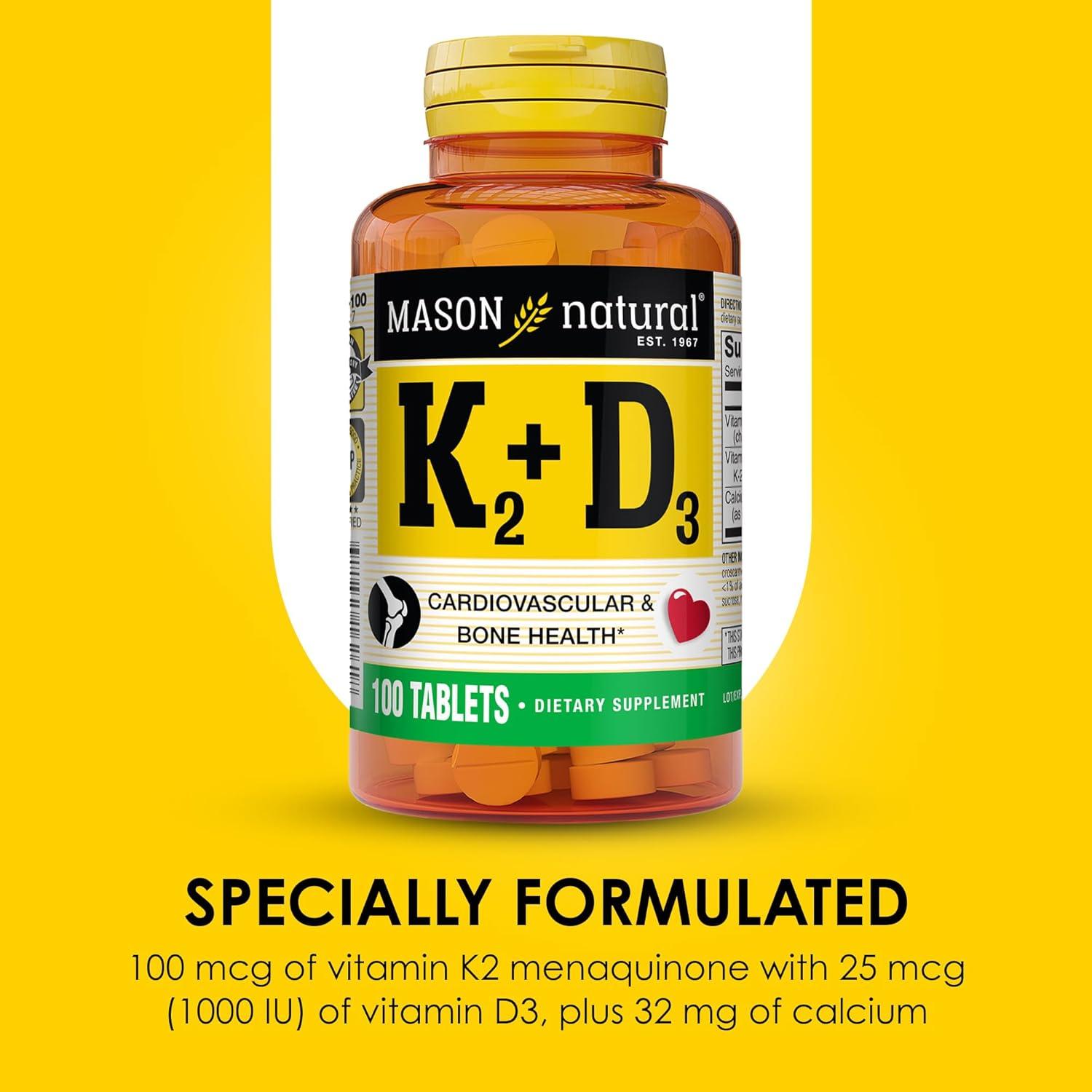 Vitamina K2 + D3 Mason Natural 100 Tabletas con Calcio