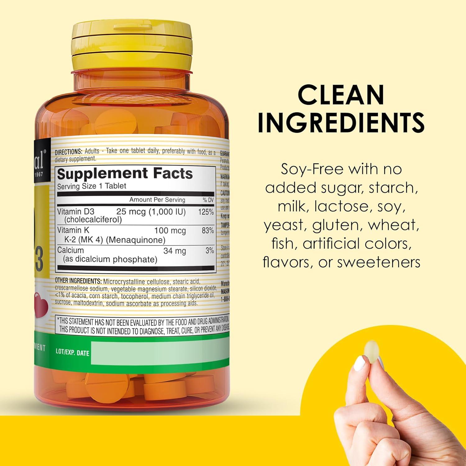 Vitamina K2 + D3 Mason Natural 100 Tabletas con Calcio