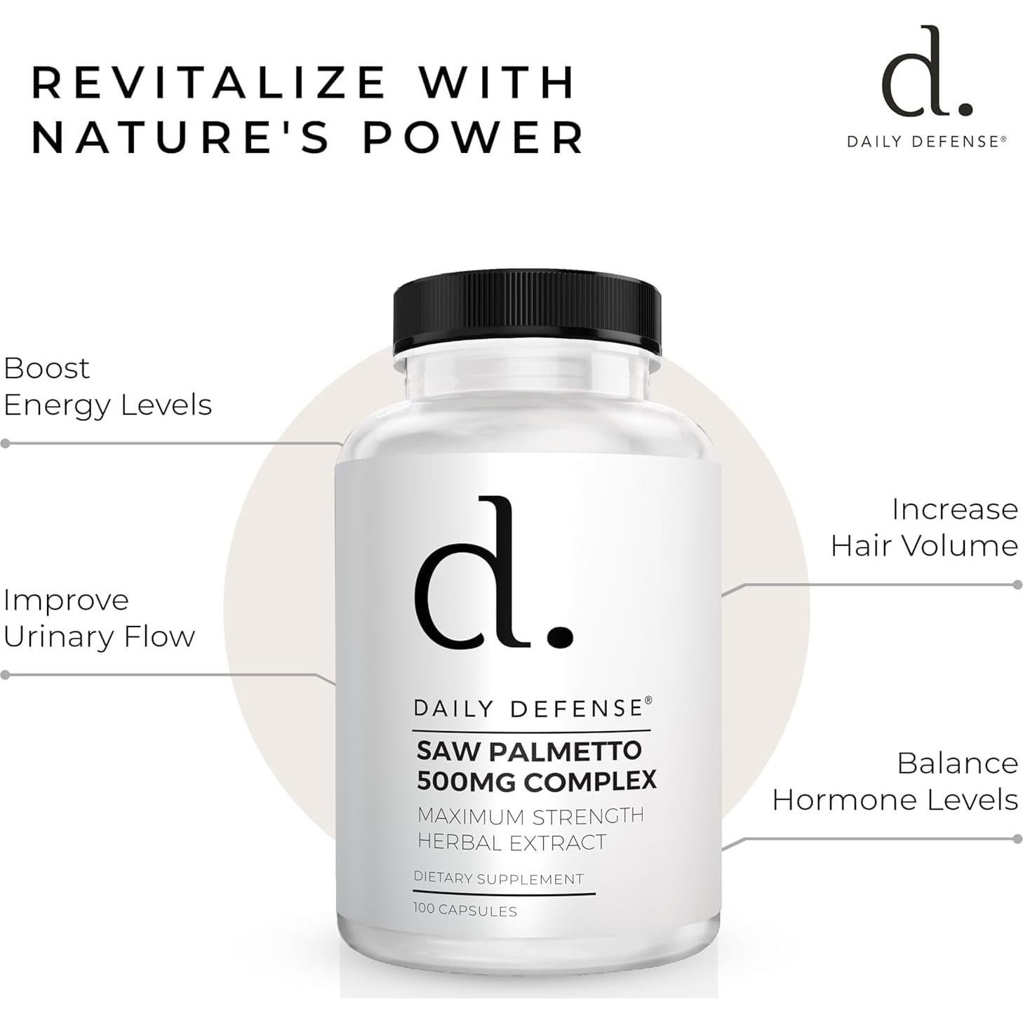 Suplemento de Saw Palmetto Daily Defense 300 Cápsulas 500mg