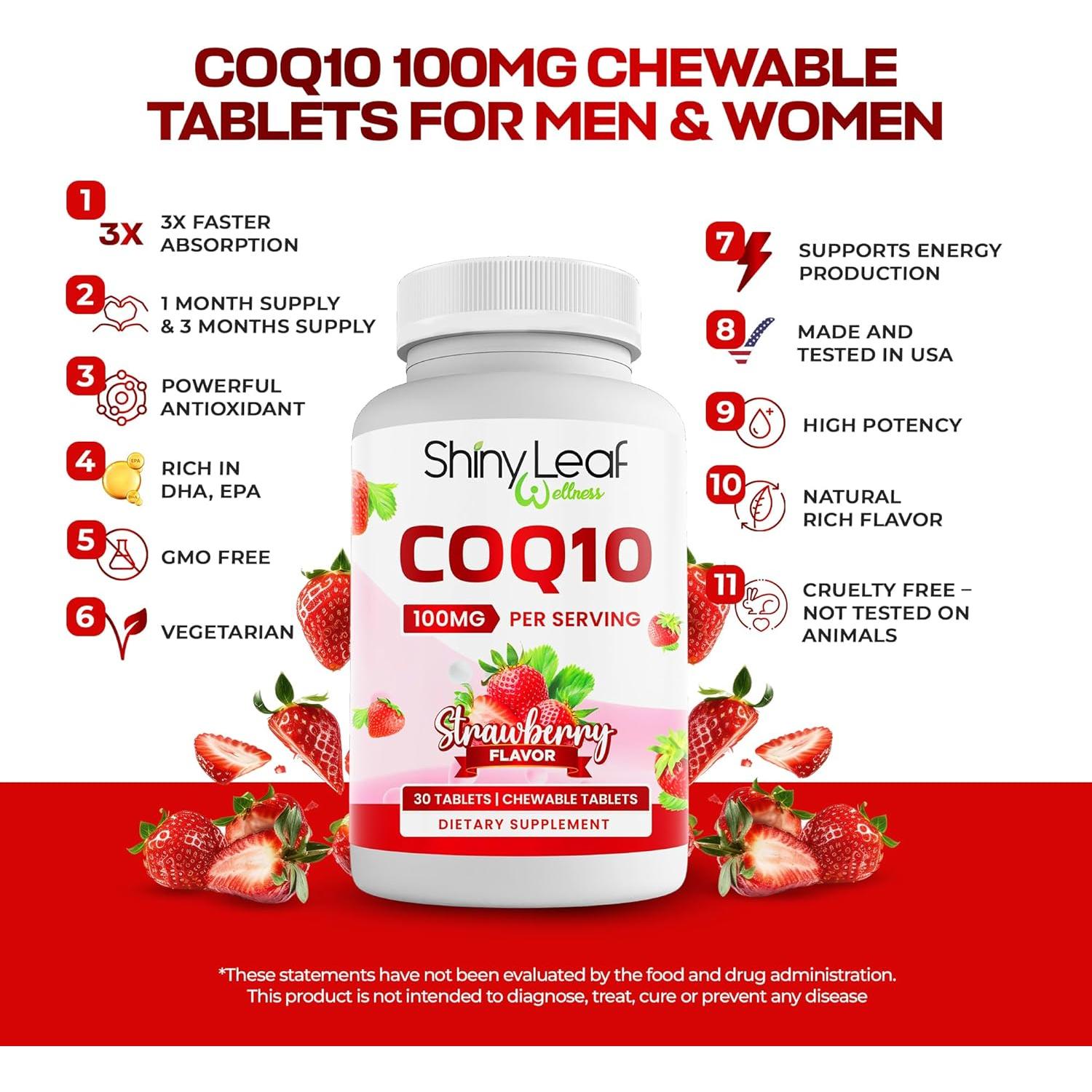 Suplemento CoQ10 Masticable Shiny Leaf 100mg - 30 Tabletas