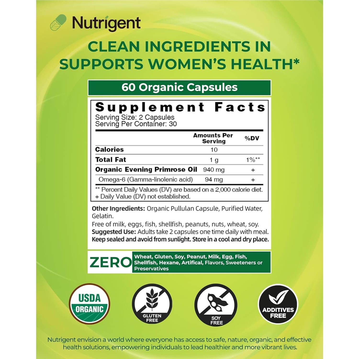 Suplemento Aceite de Onagra Orgánico Nutrigent 940 mg 60 Cápsulas