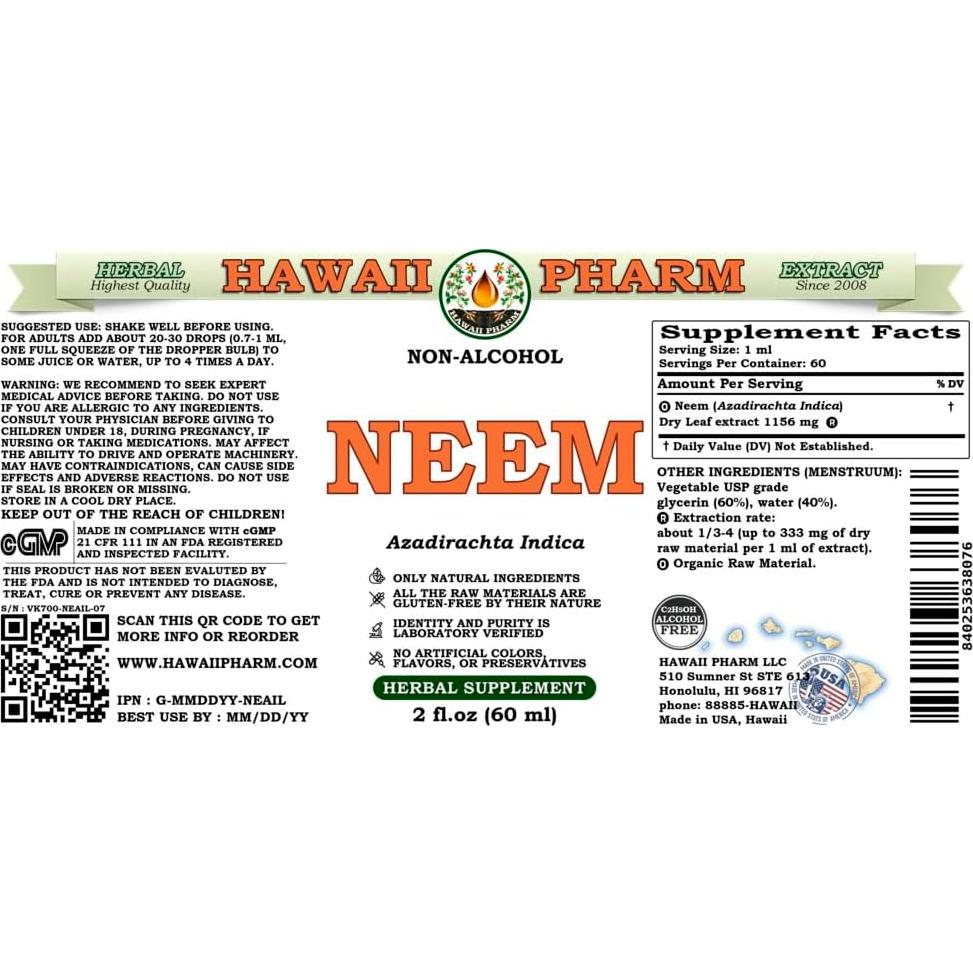 Extracto Líquido de Neem Orgánico Hawaii Pharm 59 ml Sin Alcohol