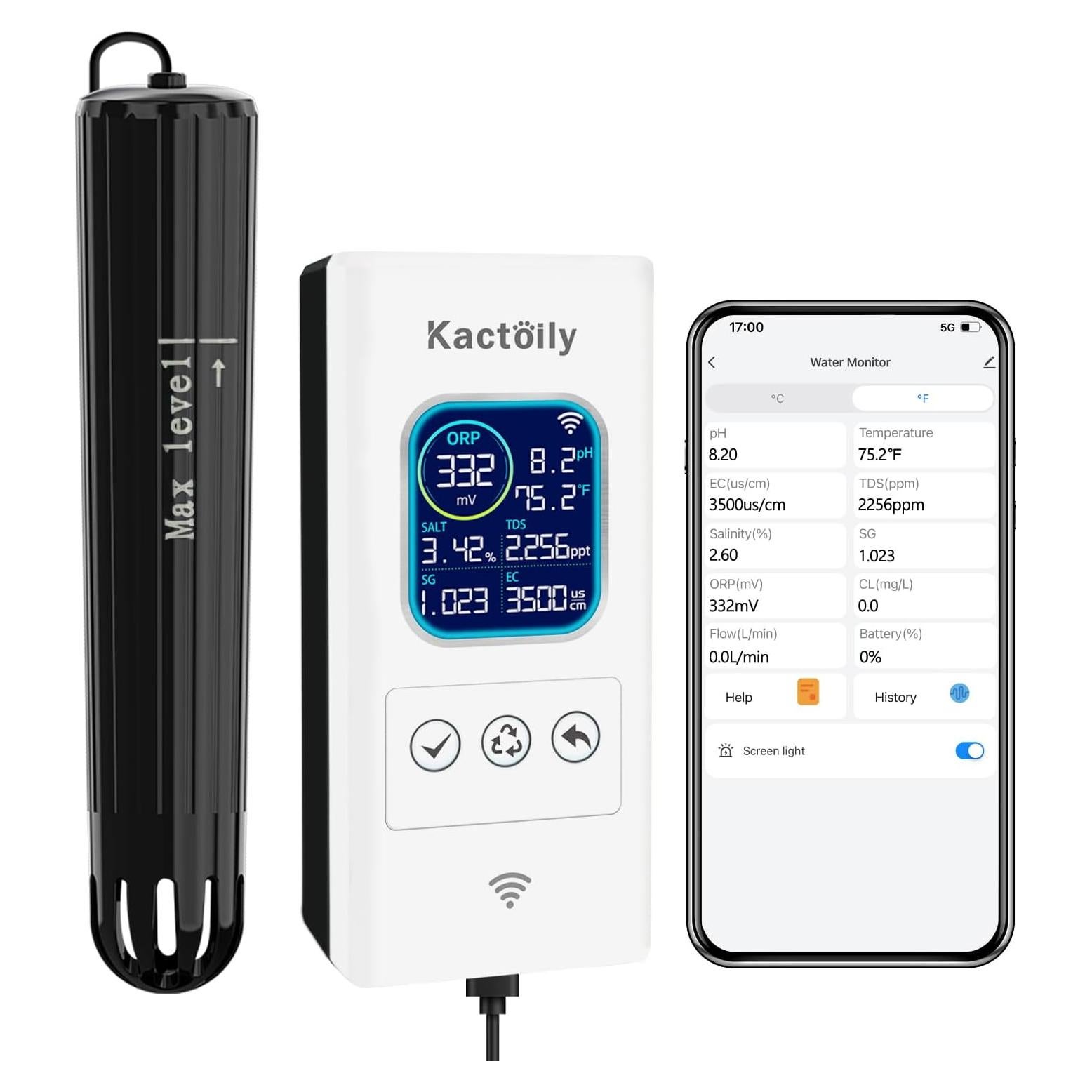 Monitor de Agua Inteligente Kactoily KY-YGWIFI-07-01US pH Salinidad TDS Temp