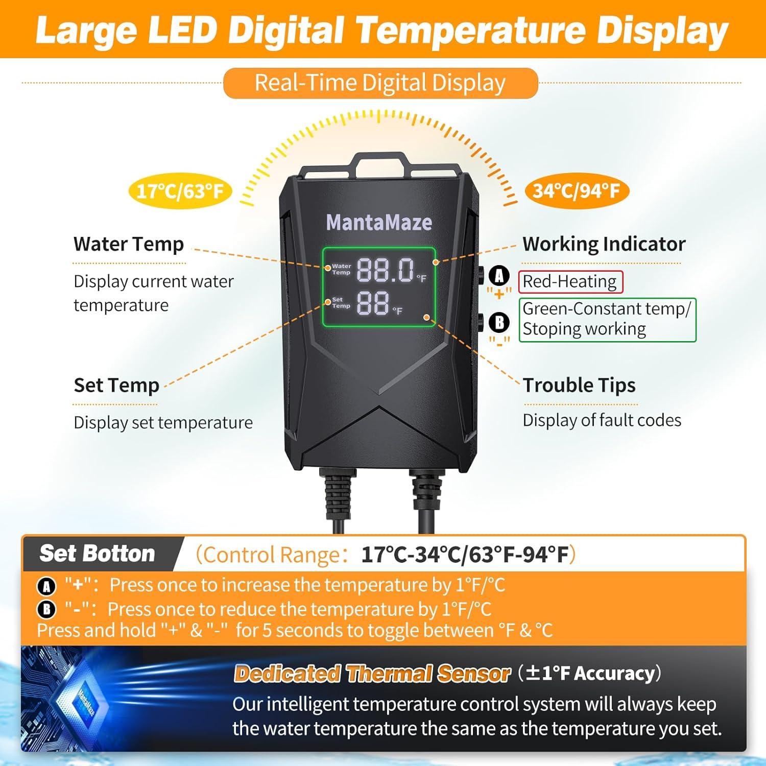 Calentador de Acuario MantaMaze 500W para 284-511 Litros