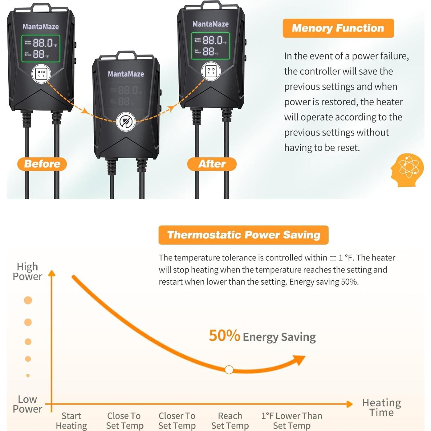 Calentador de Acuario MantaMaze 500W para 284-511 Litros