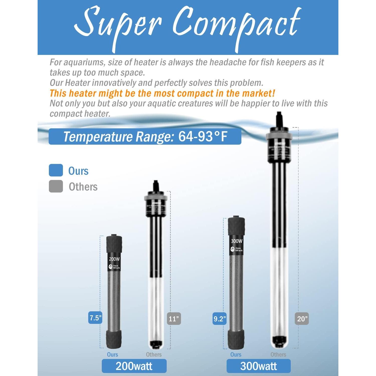 Calentador de Acuario 200W AquaMiracle Súper Corto LED 20-40 Gal