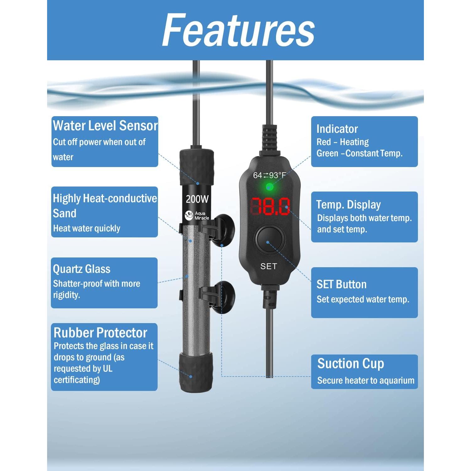 Calentador de Acuario 200W AquaMiracle Súper Corto LED 20-40 Gal