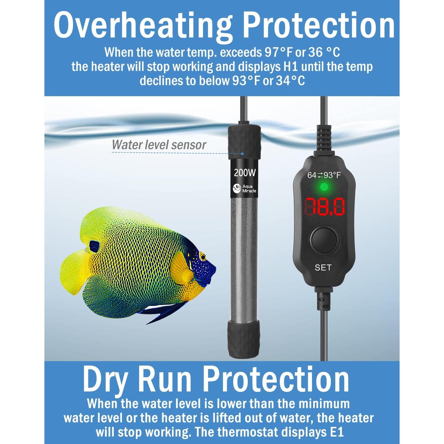 Calentador de Acuario 200W AquaMiracle Súper Corto LED 20-40 Gal