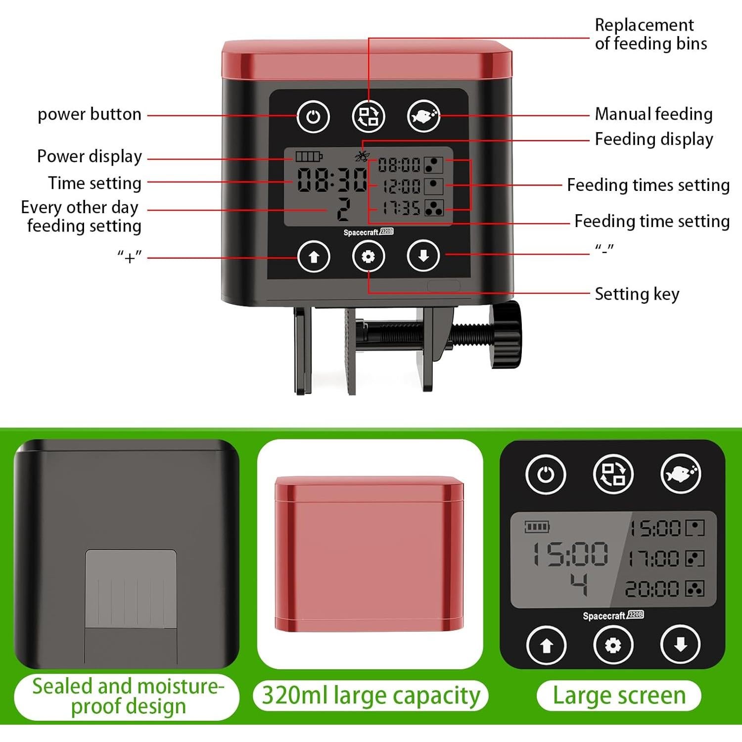 Comedero Automático para Peces ZWJBSGY 320ML LCD Rojo