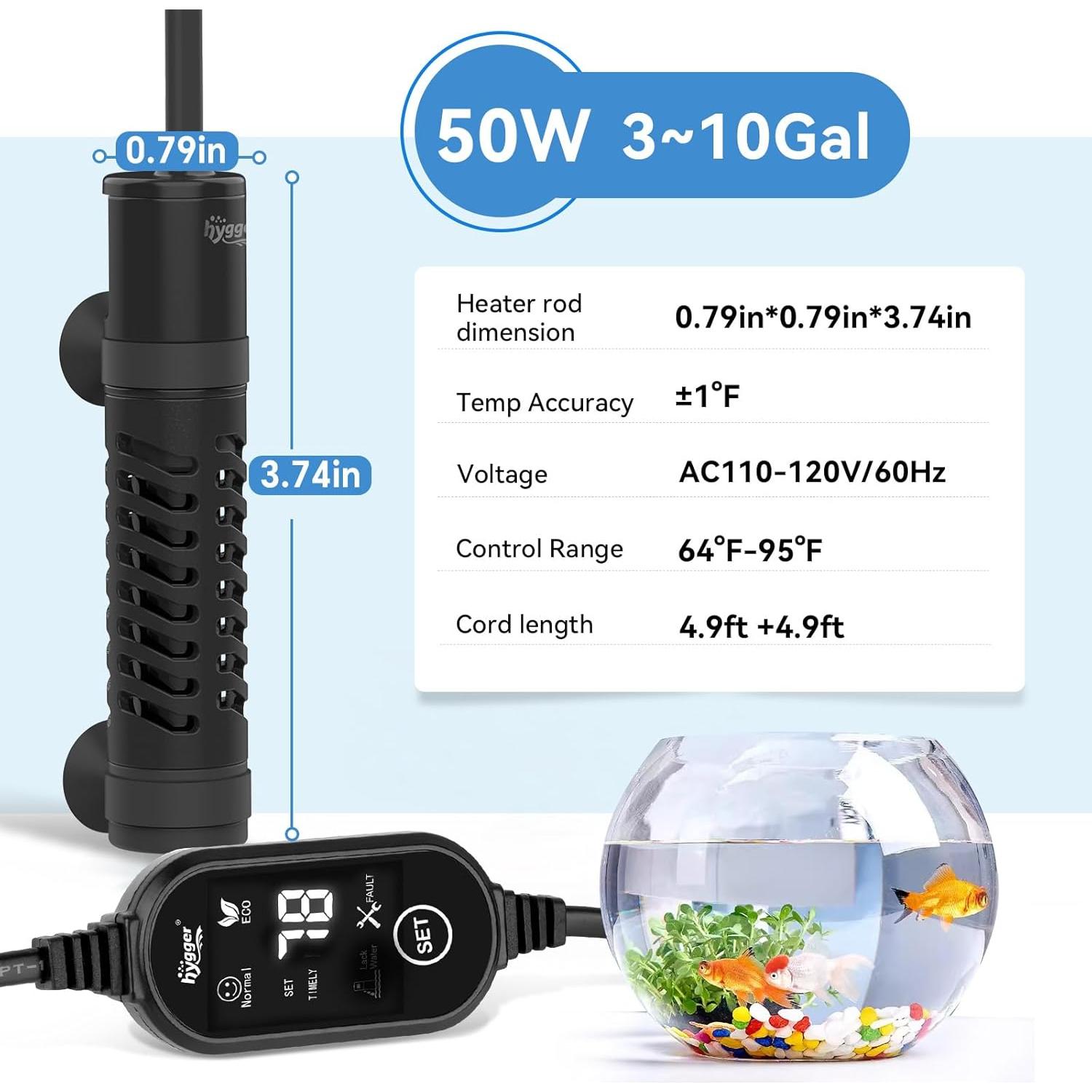 Calentador de Acuario Cerámico Hygger 50W para 11-38L