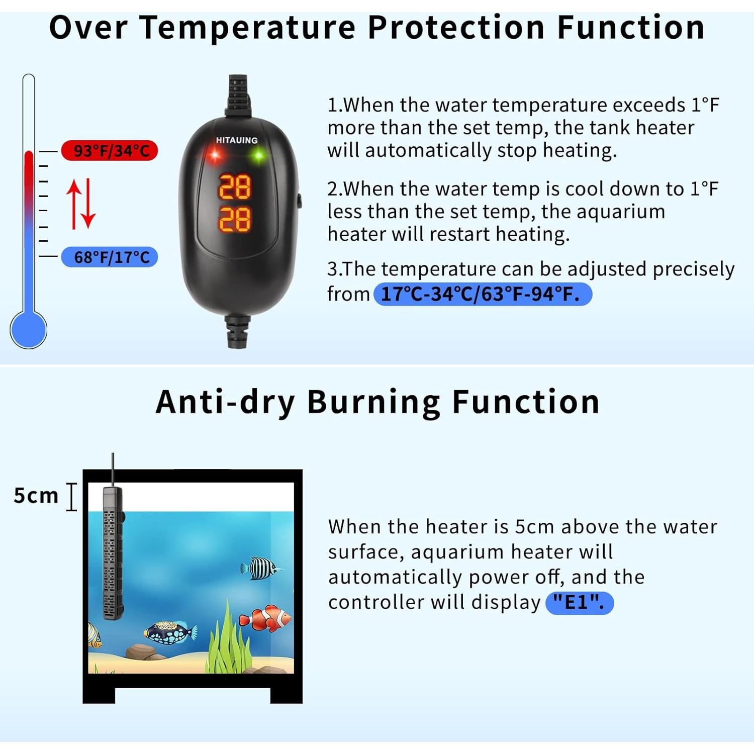 Calentador de Acuario HiTauing 300W Sumergible con Control Digital