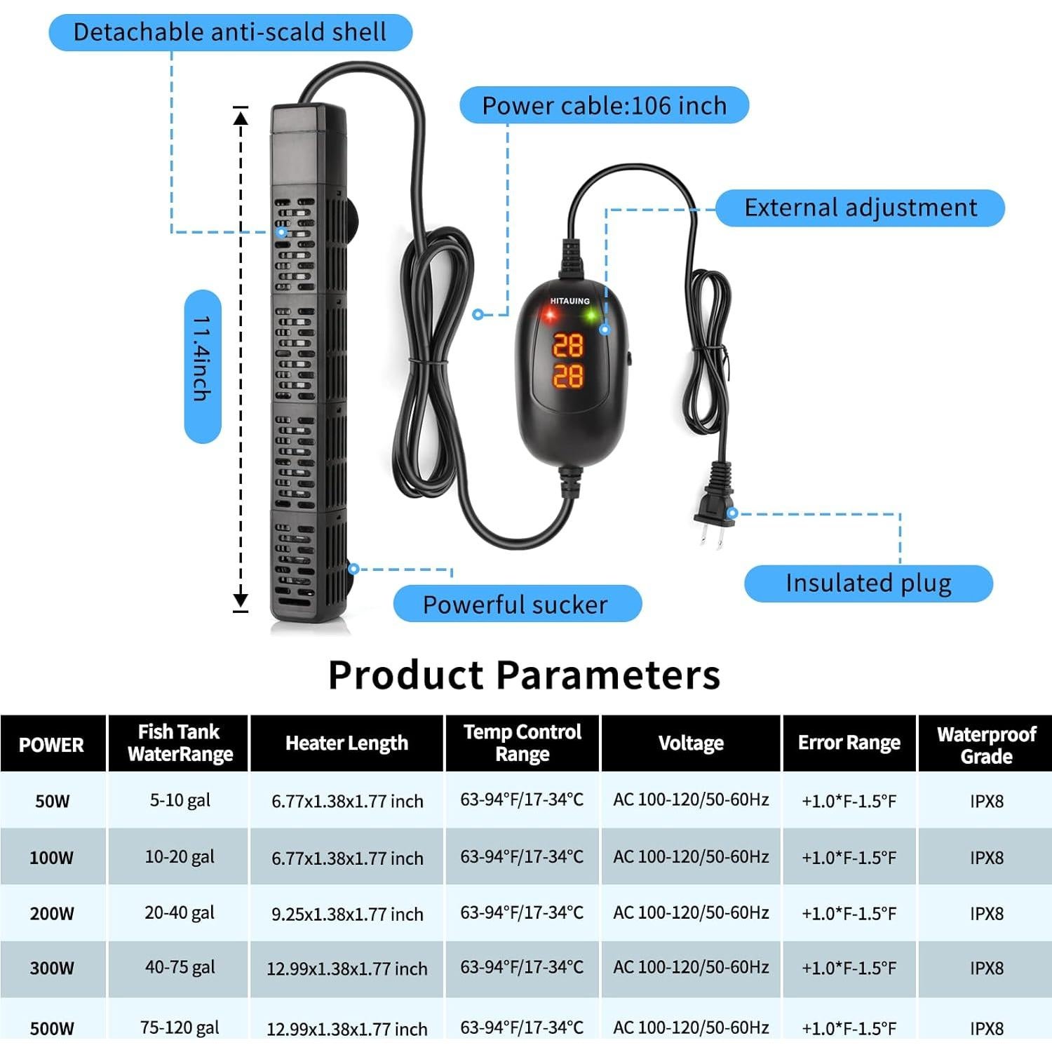 Calentador de Acuario HiTauing 300W Sumergible con Control Digital