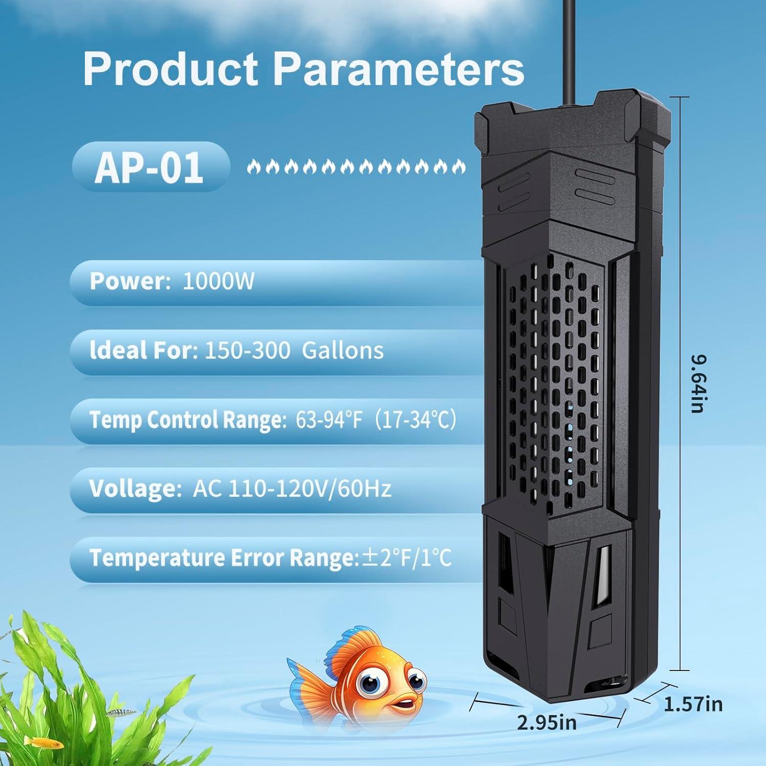 Calentador de Acuario HiTauing 1000W con Controlador IC - Agua Dulce/Salada