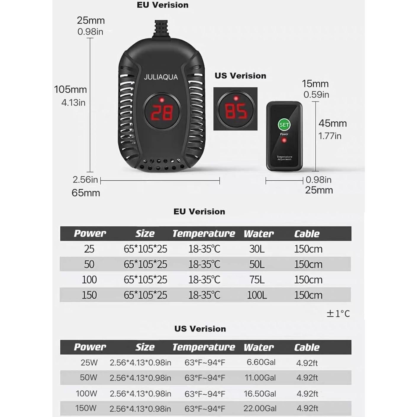 Calentador de Acuario JULIAQUA 150W con Pantalla Digital
