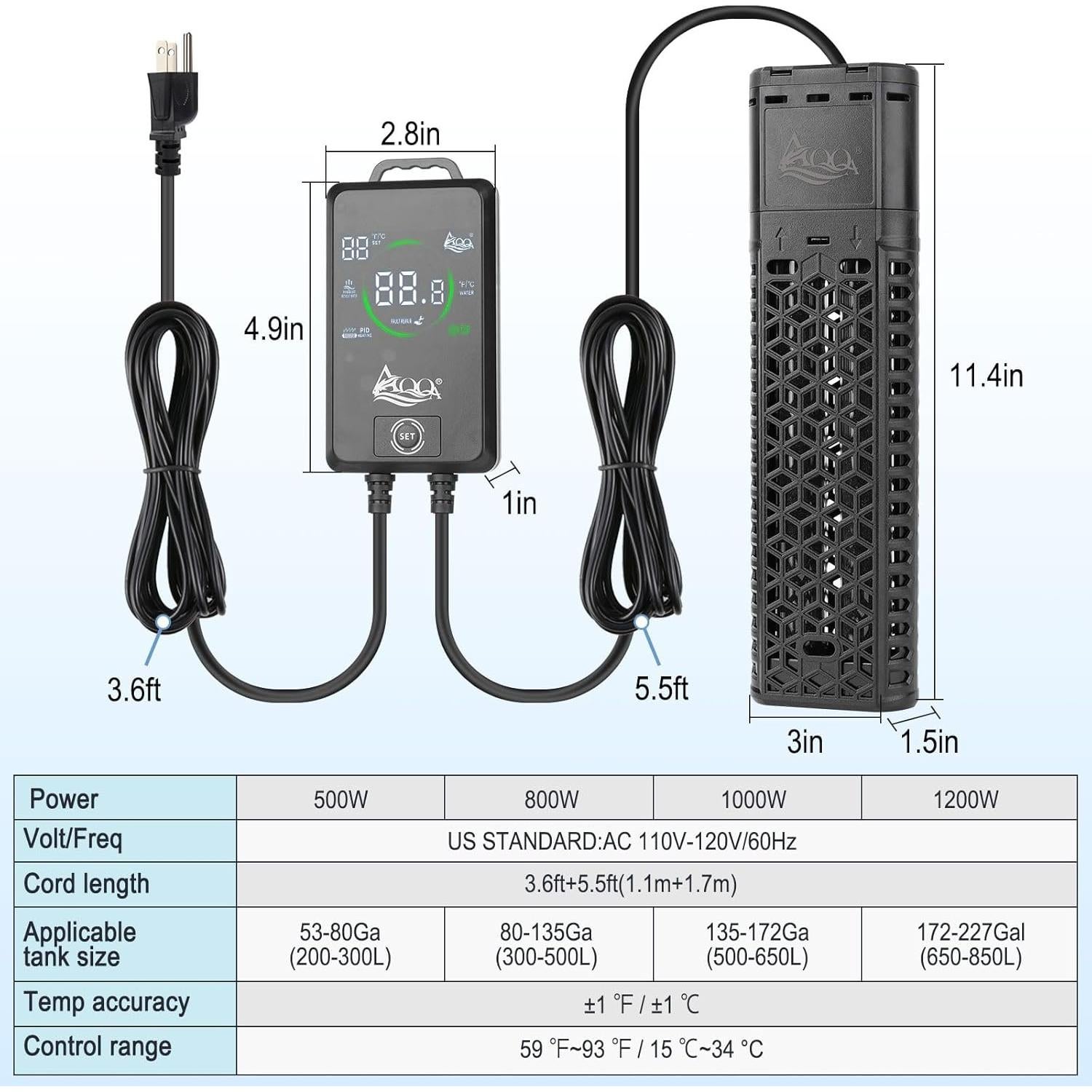 Calentador de Acuario AQQA 1200W para 650 a 860 litros