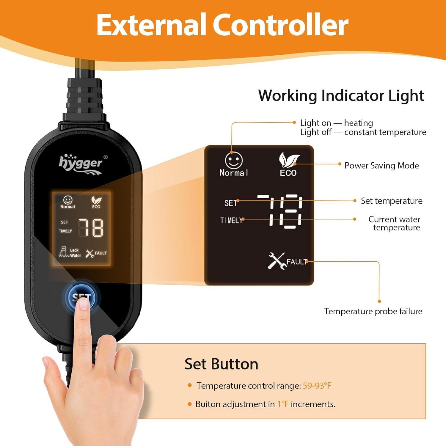 Calentador de Acuario Hygger 25W Cerámica Control LED 20-34°C
