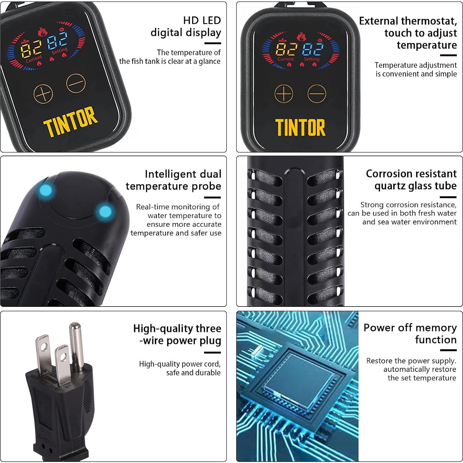 Calentador de Acuario Tintor 1200W Digital LED para Agua Dulce y Salada