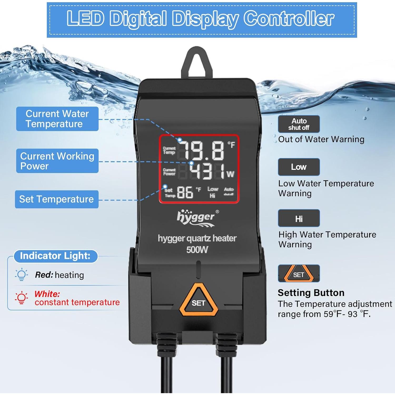 Calentador de Acuario Hygger 1000W con Control Digital LED