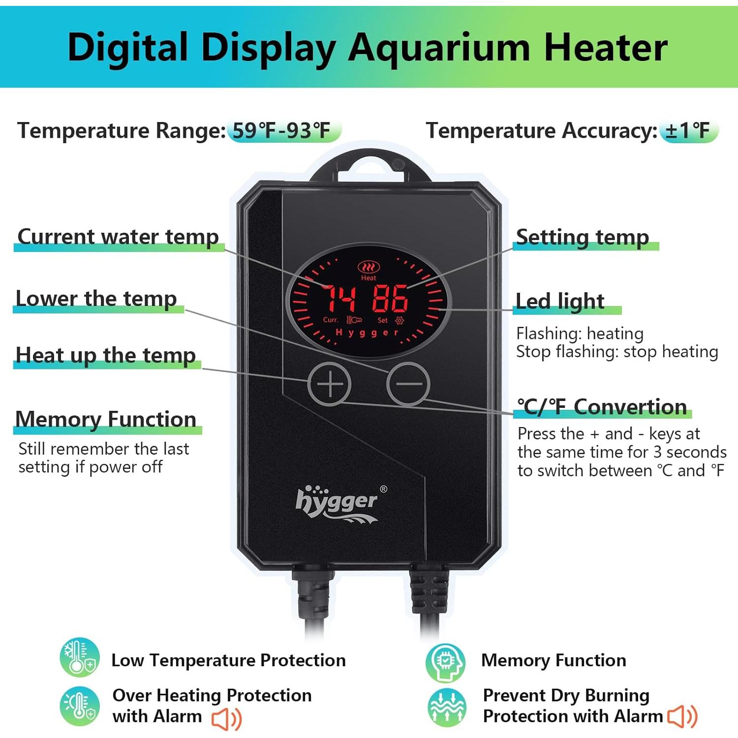 Calentador de Acuario Hygger 300W para 95-303 Litros con Controlador LED