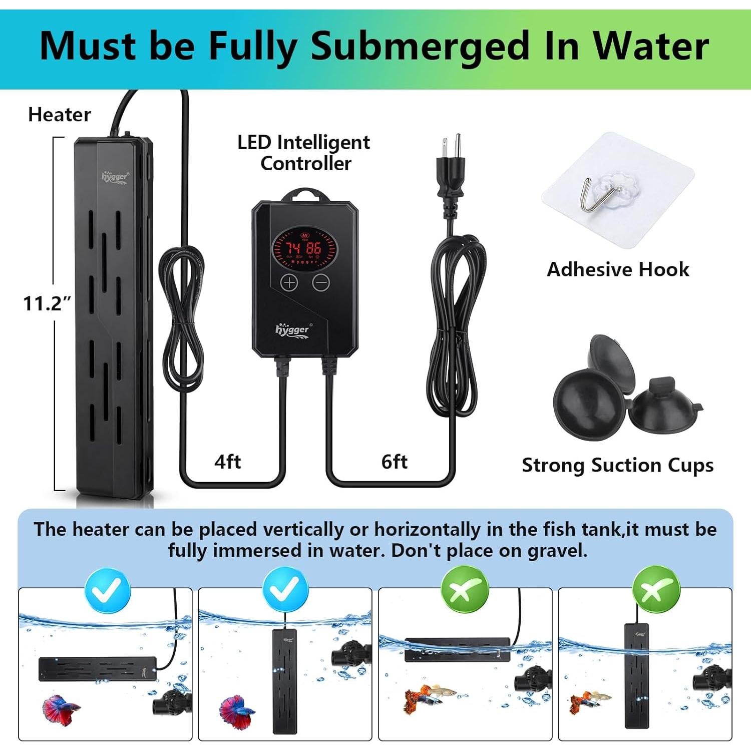 Calentador de Acuario Hygger 300W para 95-303 Litros con Controlador LED