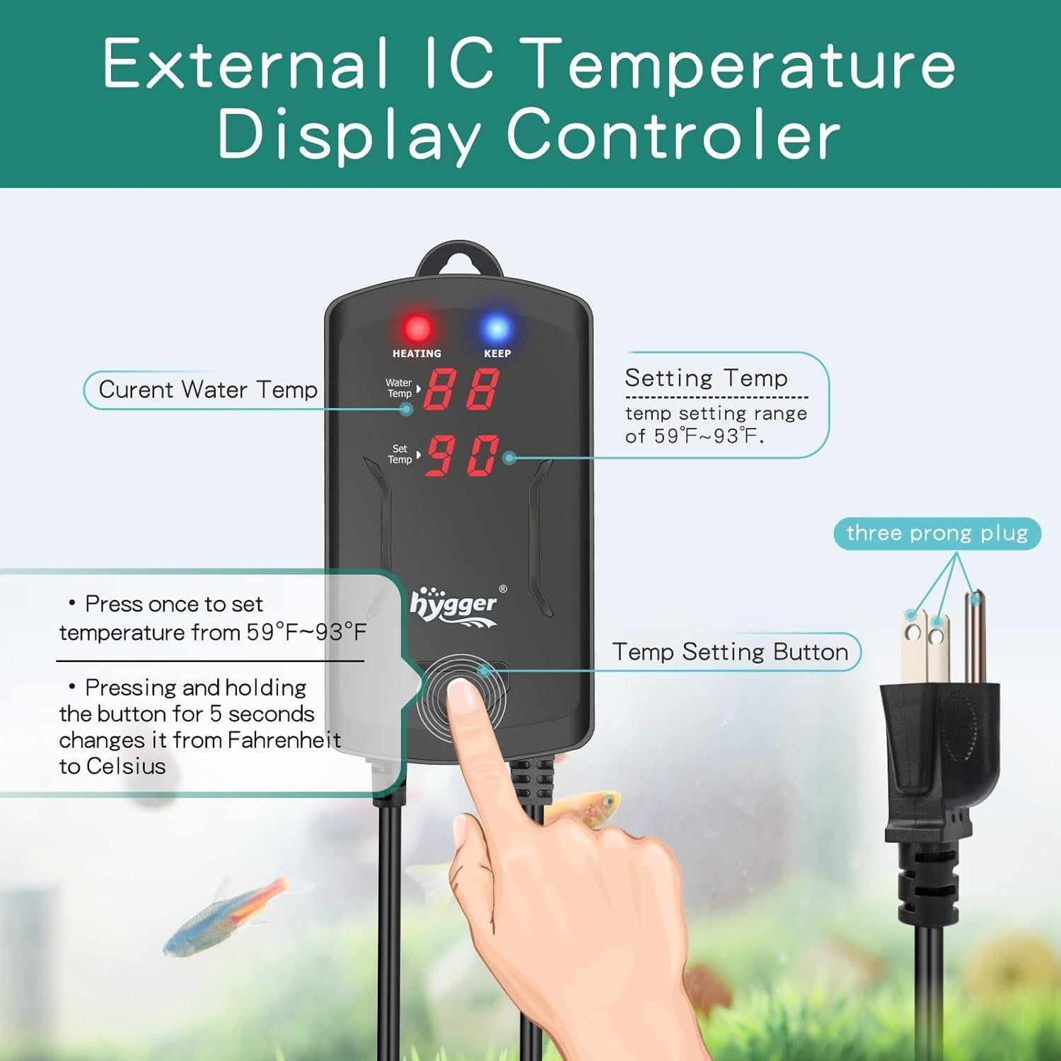 Calentador de Acuario Hygger 200W para 95-189 Litros