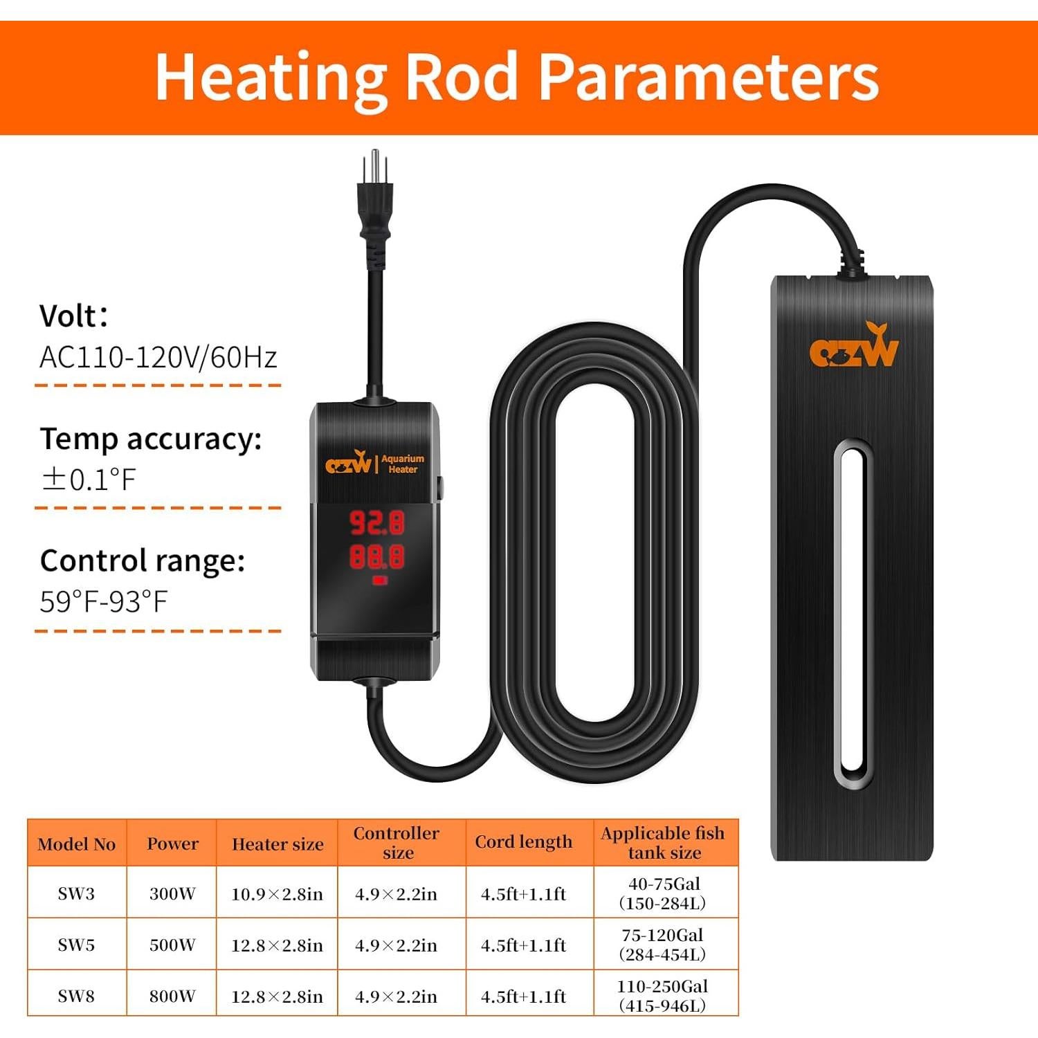 Calentador de Acuario AZW 800W para 110-250 Galones