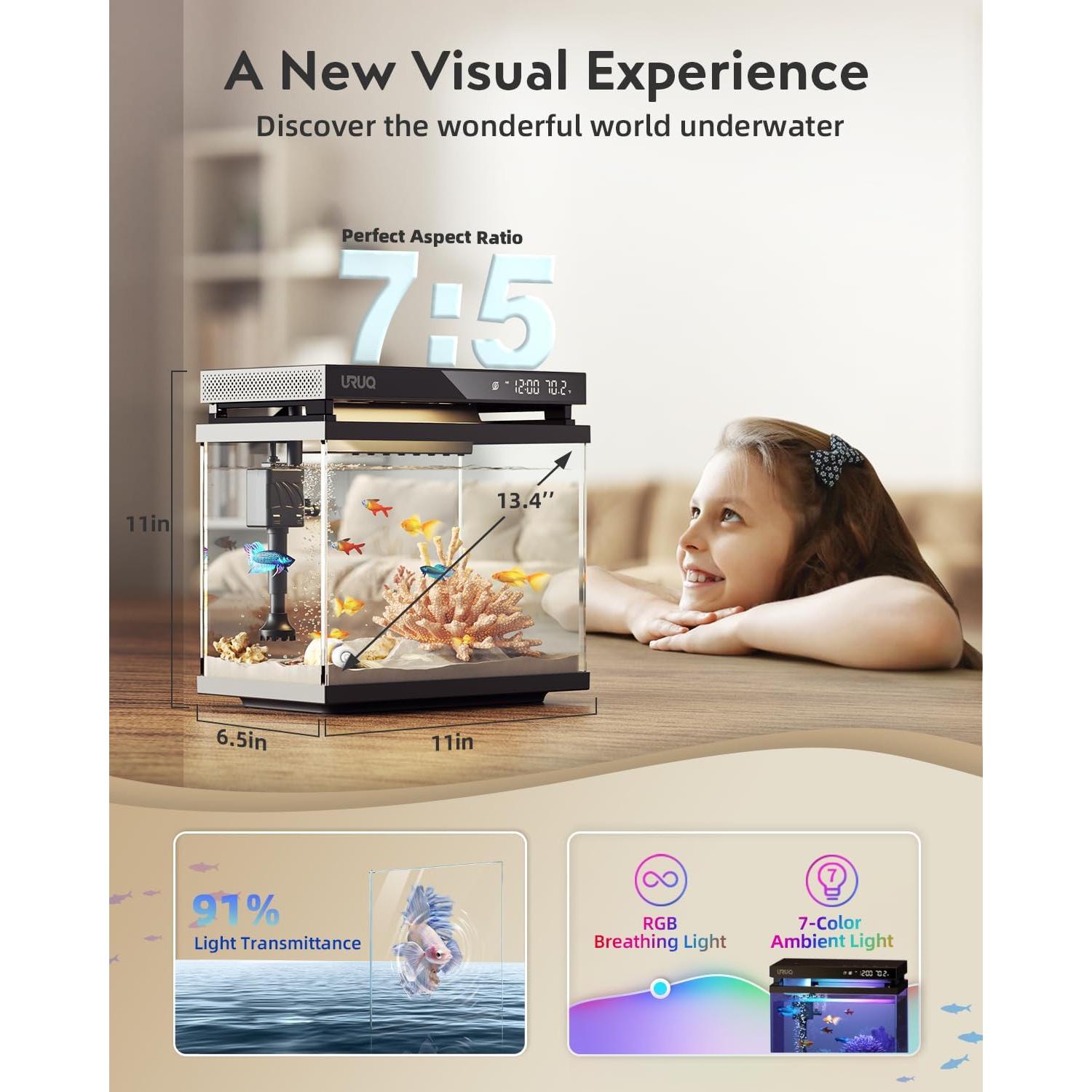 Tanque de Peces Betta URUQ 7.6L Negro + Kit Limpieza 11 Piezas