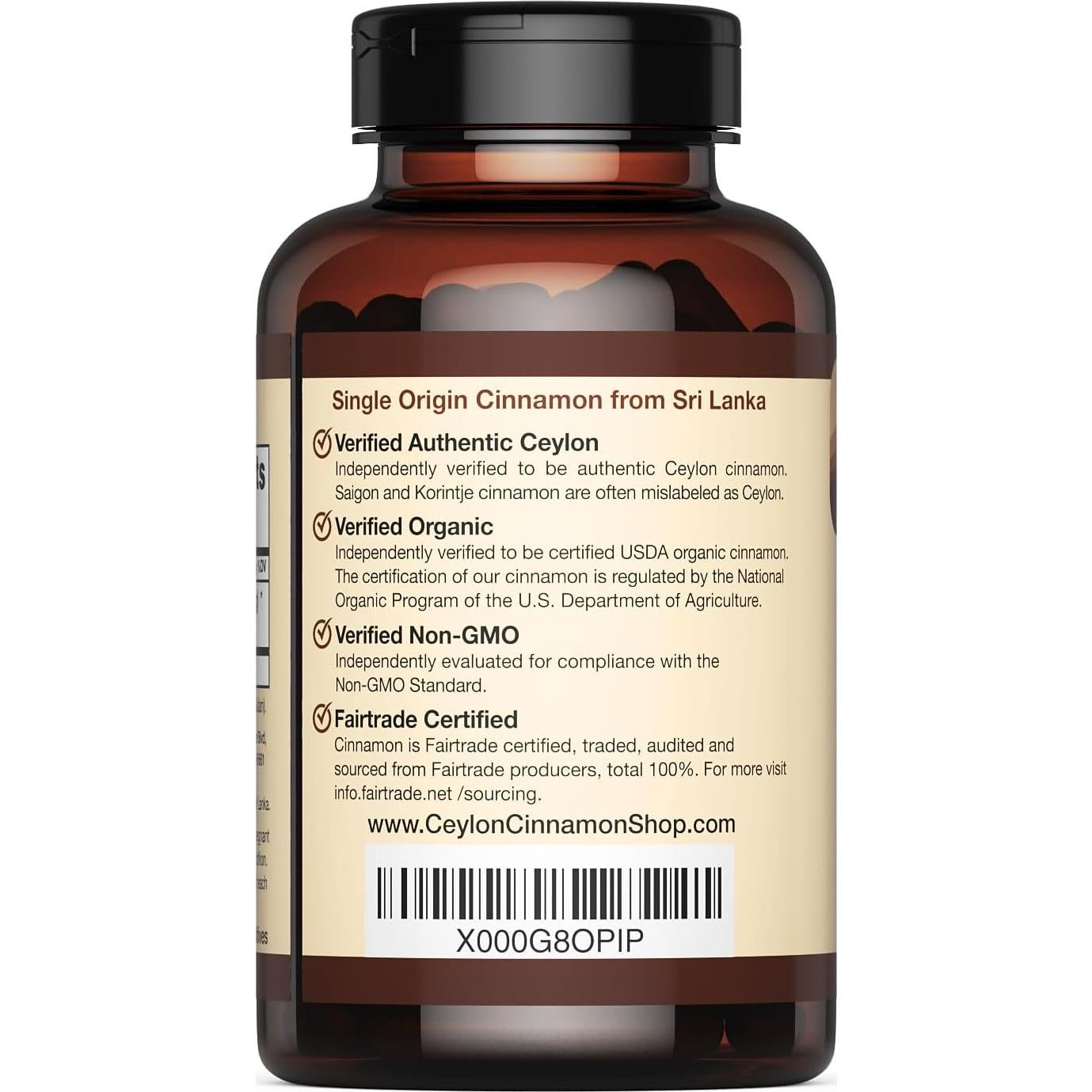 Suplemento de Canela de Ceilán Orgánica Ceylon Cinnamon 90 Cápsulas