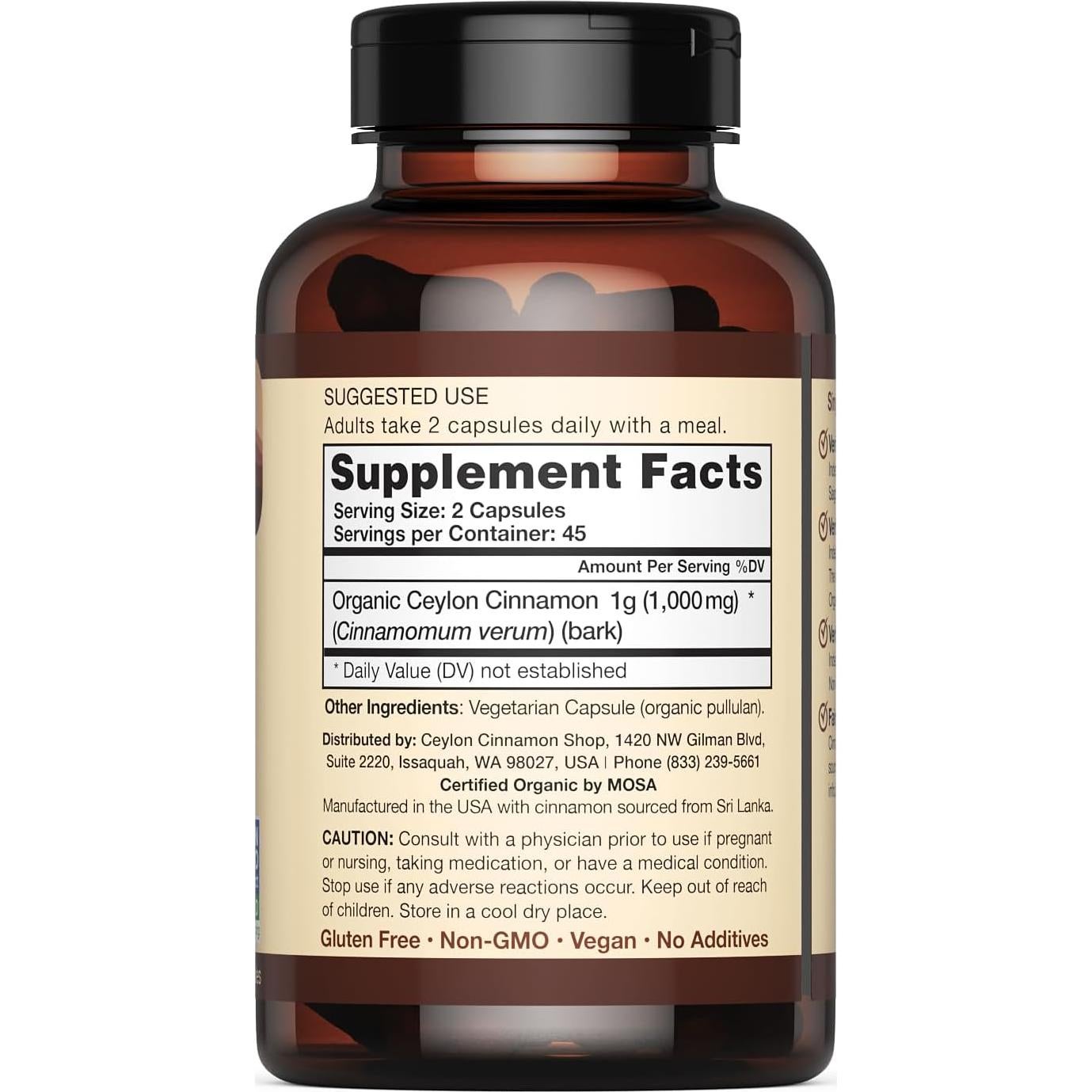 Suplemento de Canela de Ceilán Orgánica Ceylon Cinnamon 90 Cápsulas