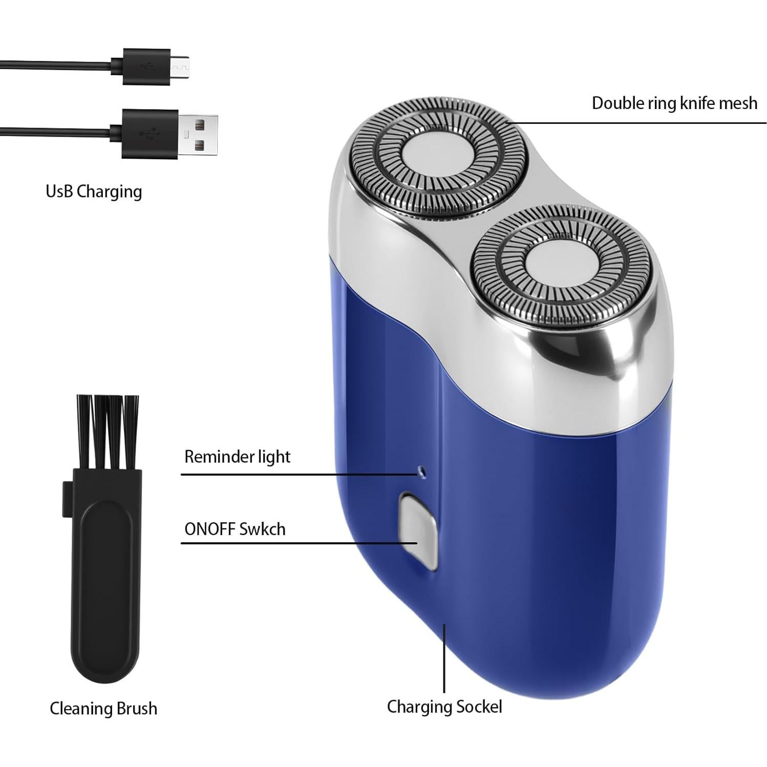 Afeitadora Eléctrica Mini Senduzll 2025 Doble Cabezal USB Azul
