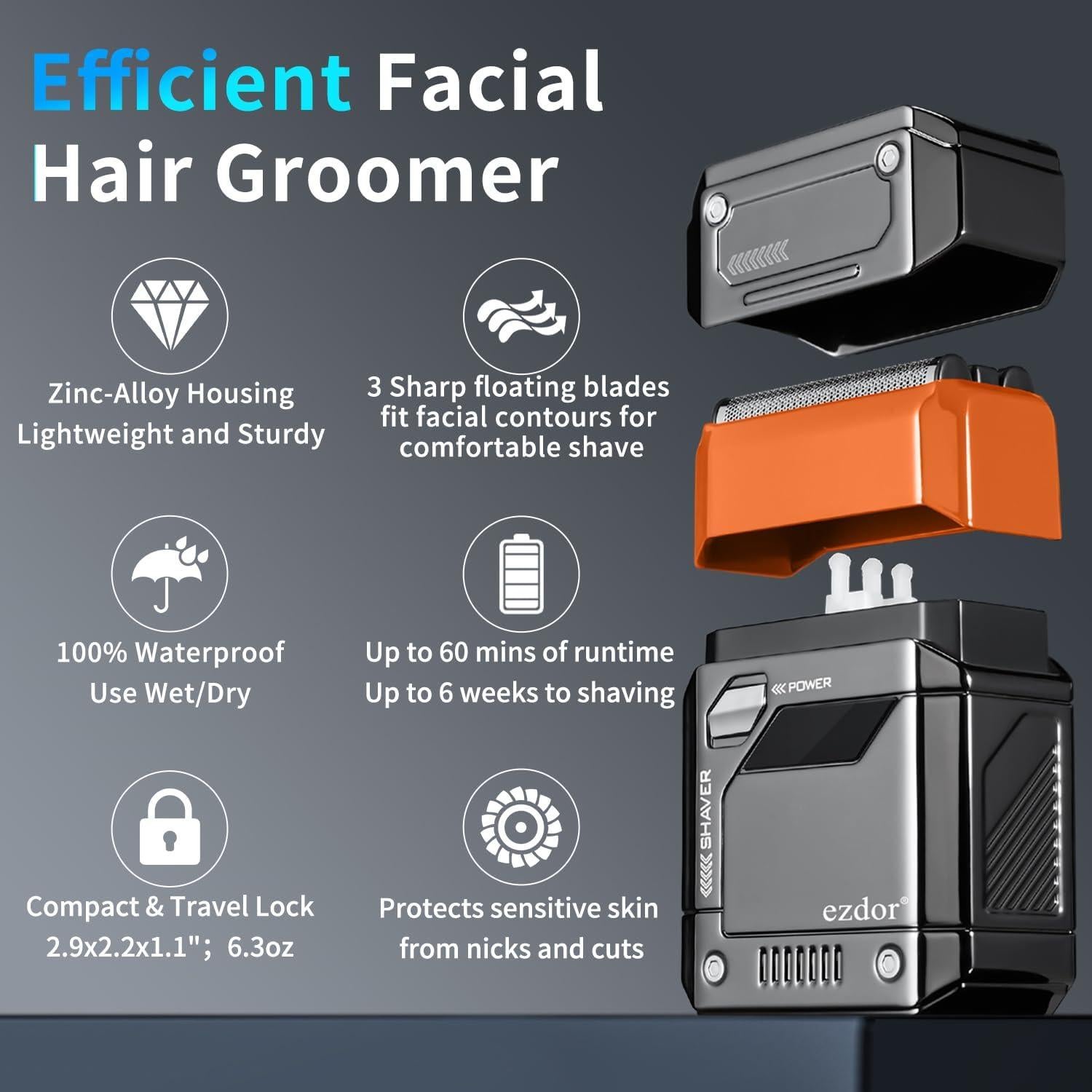 Afeitadora eléctrica compacta Ezdor M68, 3 cuchillas, USB-C