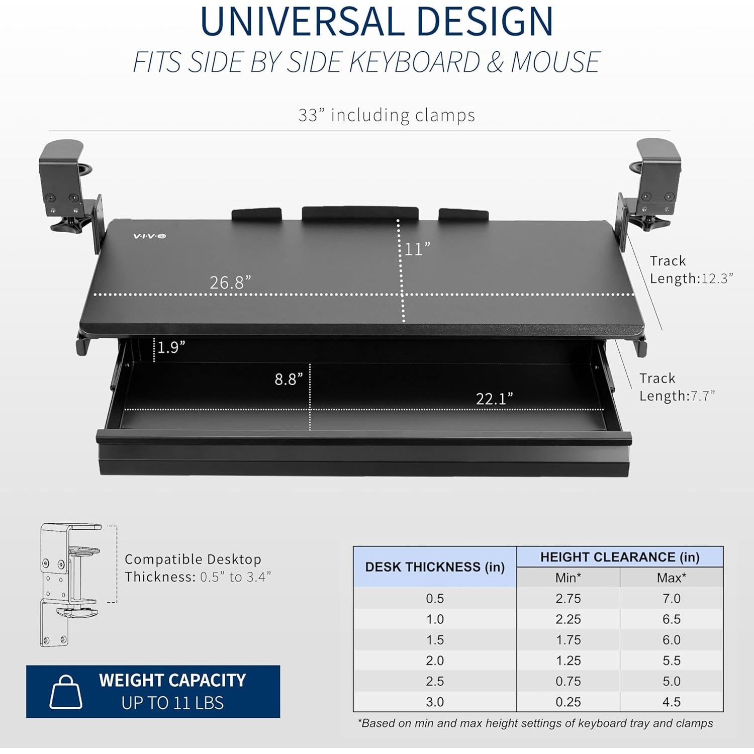 Bandeja de Teclado Ajustable VIVO con Cajón Negro 67.93x27.99cm