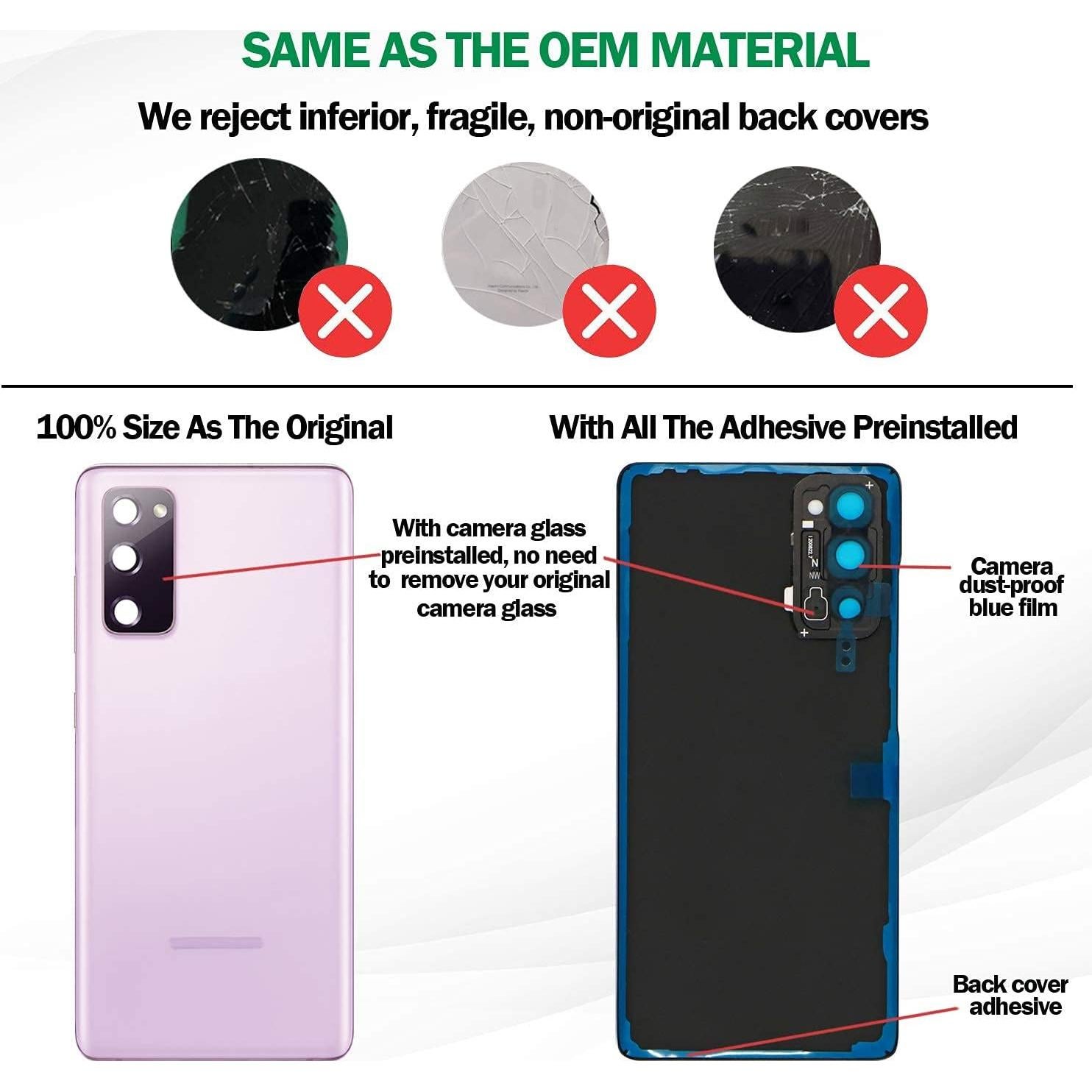 Galaxy S20 FE Back Glass Cover Replacement with Pre-Installed Camera Lens + All The Adhesive + Tool Kit for Samsung Galaxy S20 FE 5G SM-G780 SM-G781 All Carriers (Cloud Lavender)